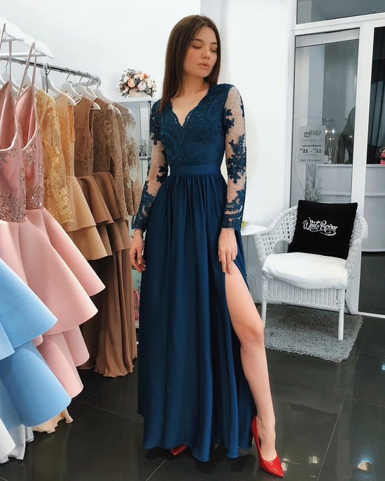 Carregar imagem no visualizador da galeria, Gorgeous Long Sleeves A-Line Chiffon Blue Prom Dresses with Slit-BIZTUNNEL
