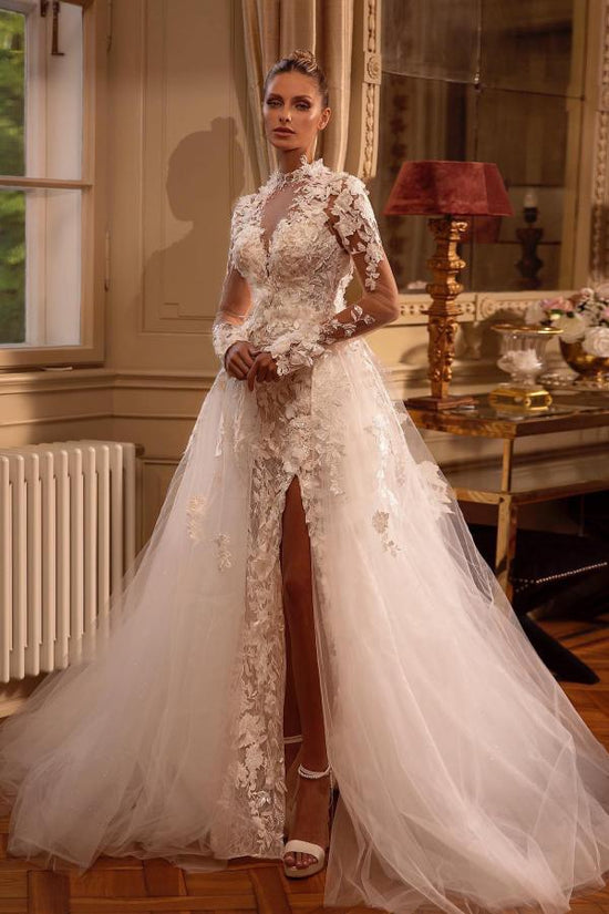 Gorgeous Long Sleeves A-line Jewel Tulle Lace Backless Wedding Dresses with Slit-BIZTUNNEL