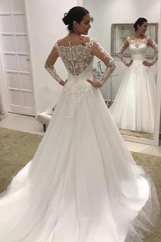Gorgeous Long Sleeves A-line Tulle Lace Wedding Dress-BIZTUNNEL