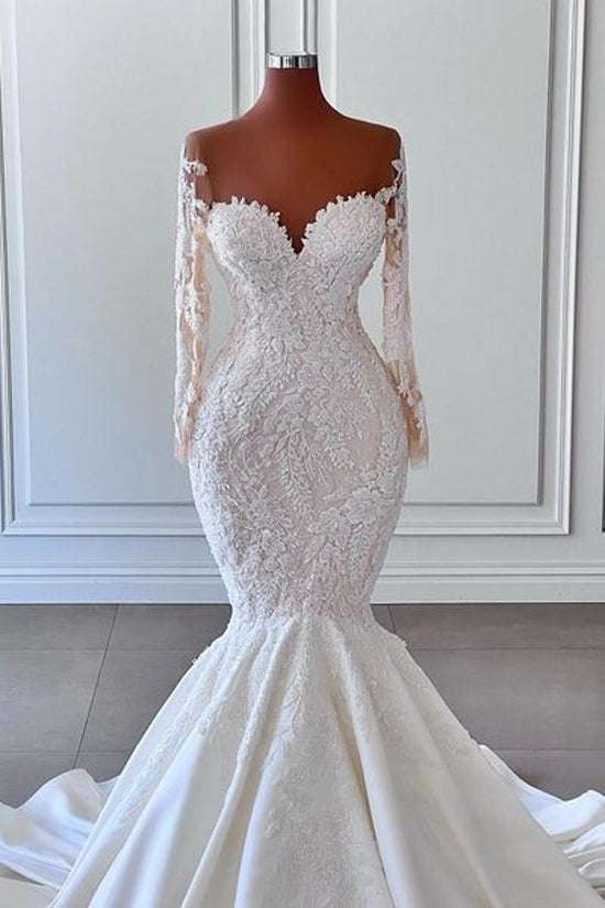Gorgeous Long Sleeves White Mermaid Bridal Dress Sweetheart Graden Wedding Dresses-BIZTUNNEL