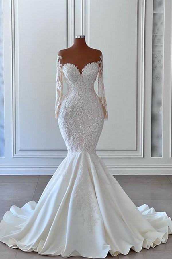 Laden Sie das Bild in den Galerie-Viewer, Gorgeous Long Sleeves White Mermaid Bridal Dress Sweetheart Graden Wedding Dresses-BIZTUNNEL
