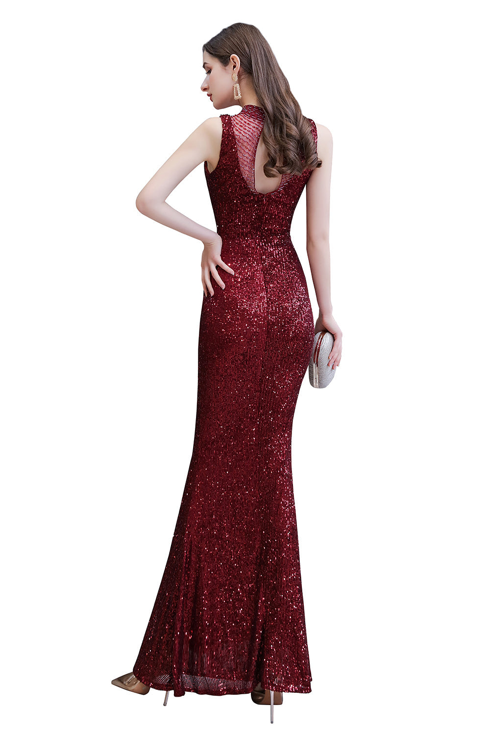 Sparkly Burgundy Tulle Sequins Mermaid Long Prom Dress Evening Dress Y8535 main image 0