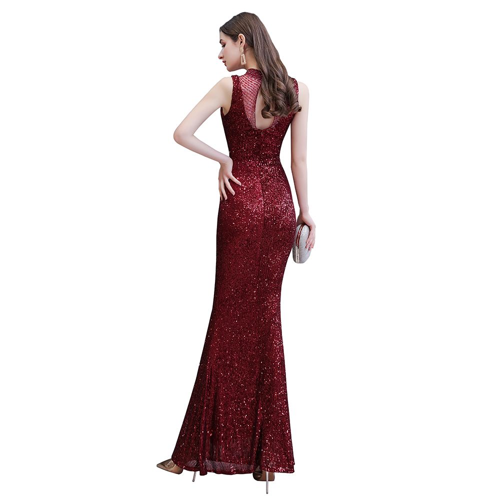 Gorgeous Mermaid Burgundy Sequins Long Prom Dress-BIZTUNNEL