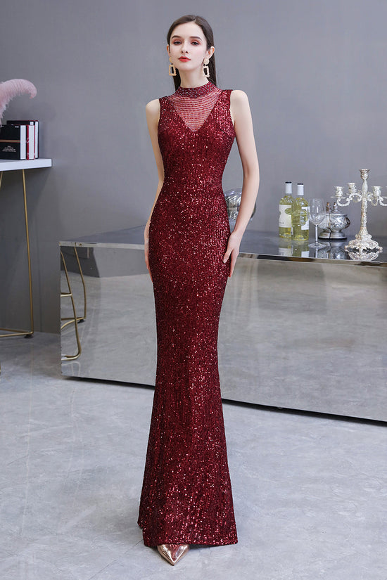 Laden Sie das Bild in den Galerie-Viewer, Gorgeous Mermaid Burgundy Sequins Long Prom Dress-BIZTUNNEL
