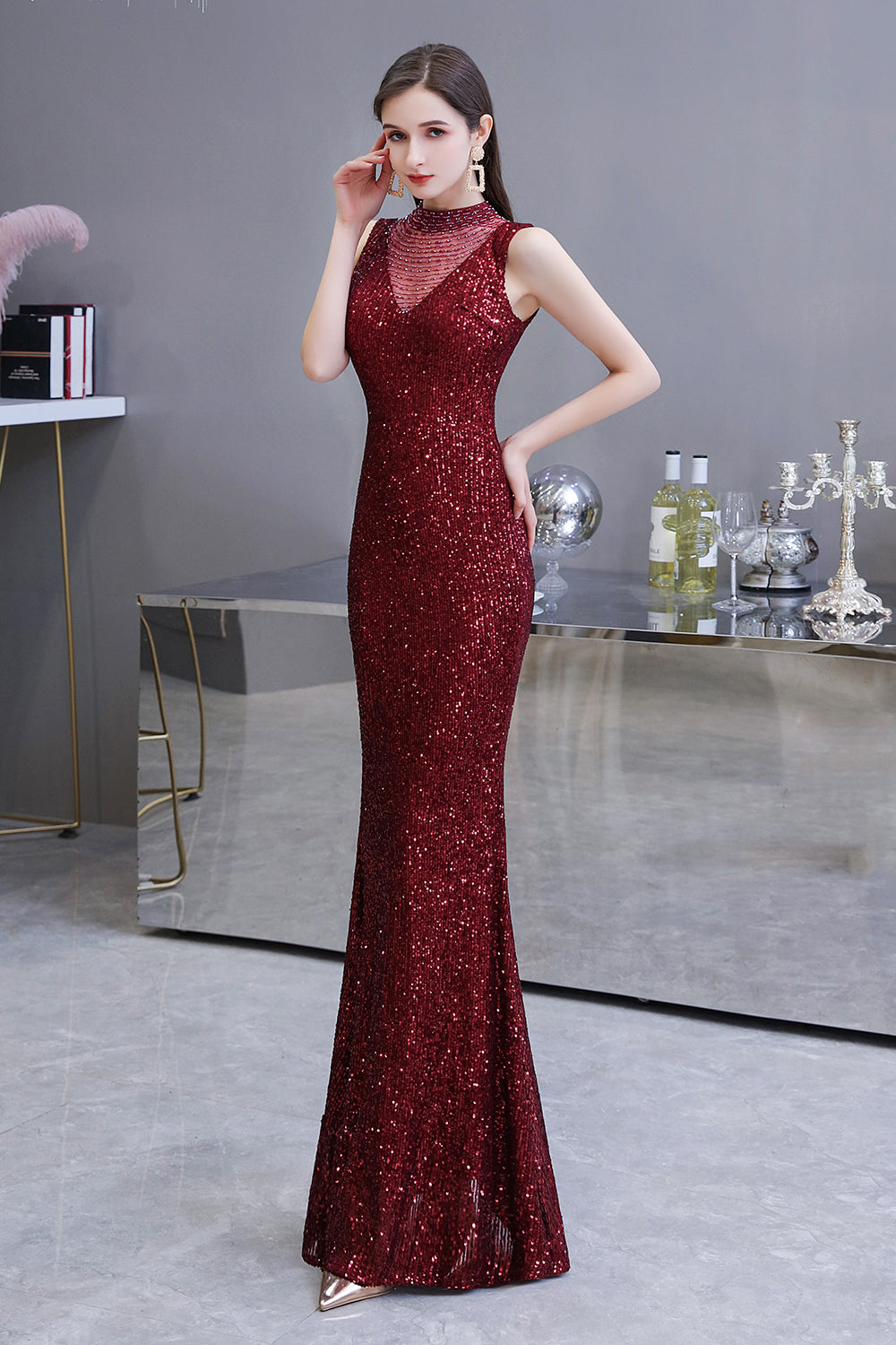 Laden Sie das Bild in den Galerie-Viewer, Gorgeous Mermaid Burgundy Sequins Long Prom Dress-BIZTUNNEL
