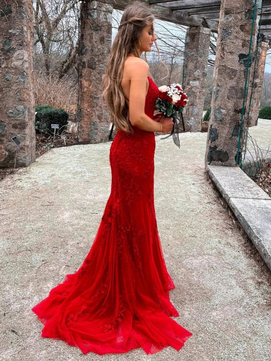 Gorgeous Red Long Mermaid Lace Backless Prom Dresses-BIZTUNNEL