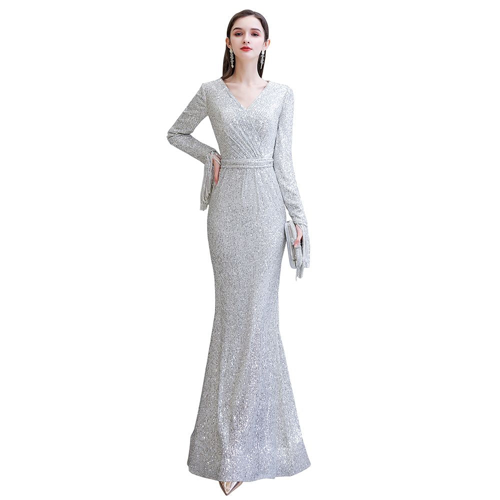 Carregar imagem no visualizador da galeria, Gorgeous Sequins Long Sleeve V-Neck Mermaid Evening Gowns-BIZTUNNEL
