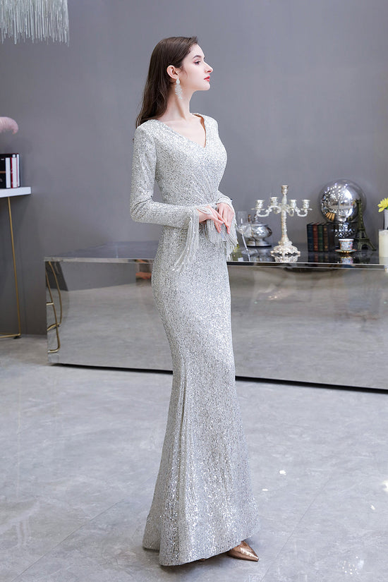 Gorgeous Sequins Long Sleeve V-Neck Mermaid Evening Gowns-BIZTUNNEL