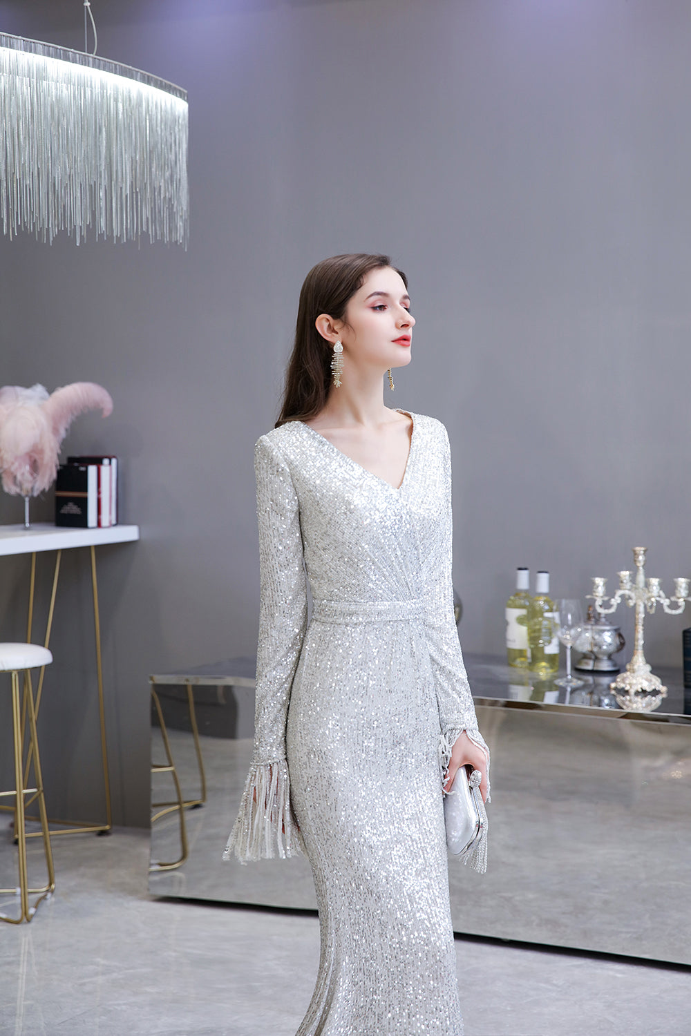 Gorgeous Sequins Long Sleeve V-Neck Mermaid Evening Gowns-BIZTUNNEL