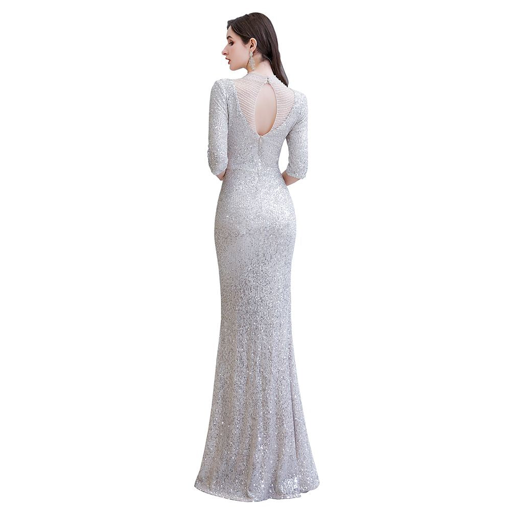 Gorgeous Silver Long sleeves Long Prom Dress-BIZTUNNEL
