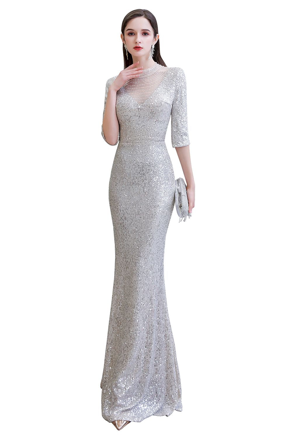 Gorgeous Silver Long sleeves Long Prom Dress-BIZTUNNEL