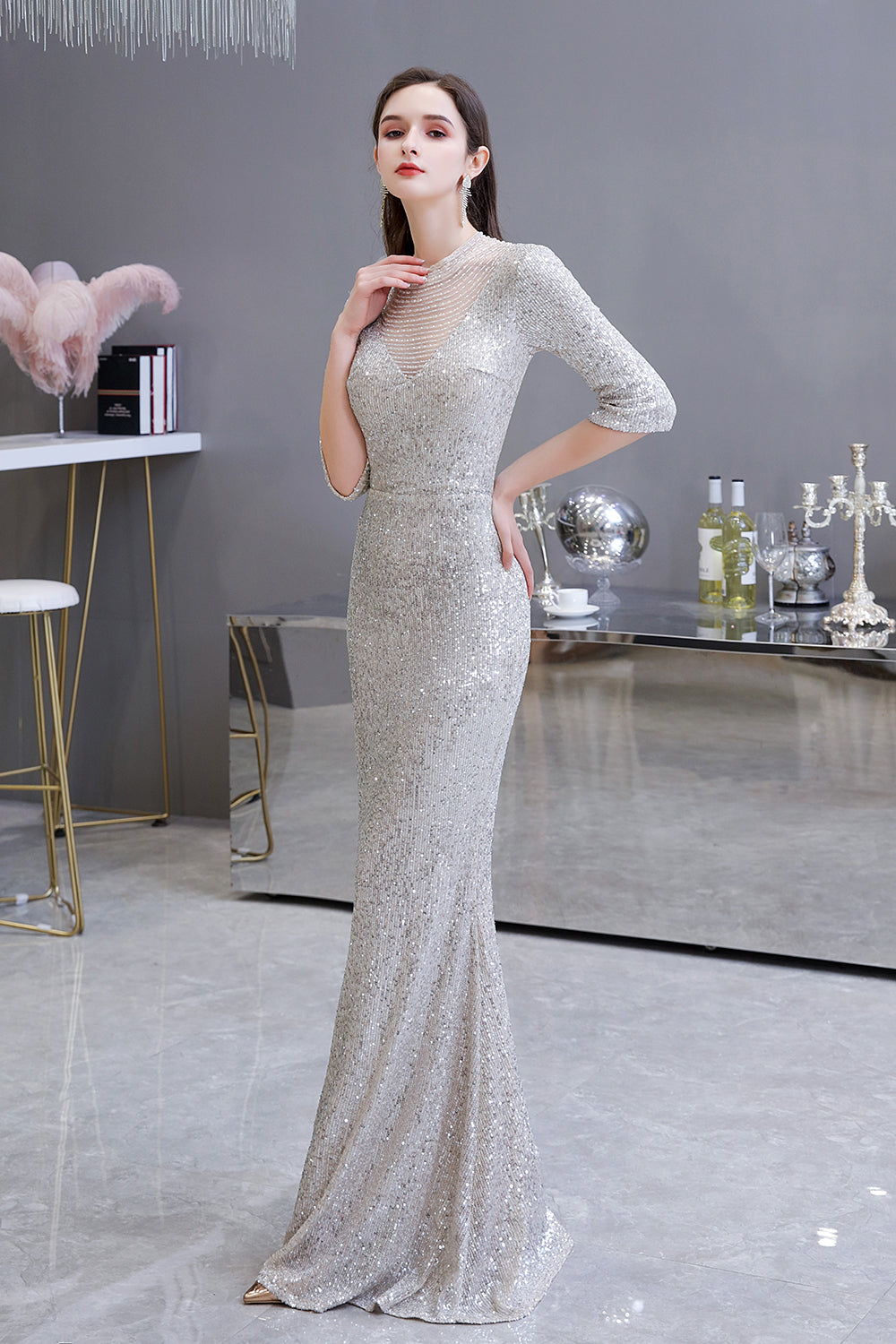Sexy Long A-line V-Neck Off-The-Shoulder Tulle Lace Prom Dresses with Slit