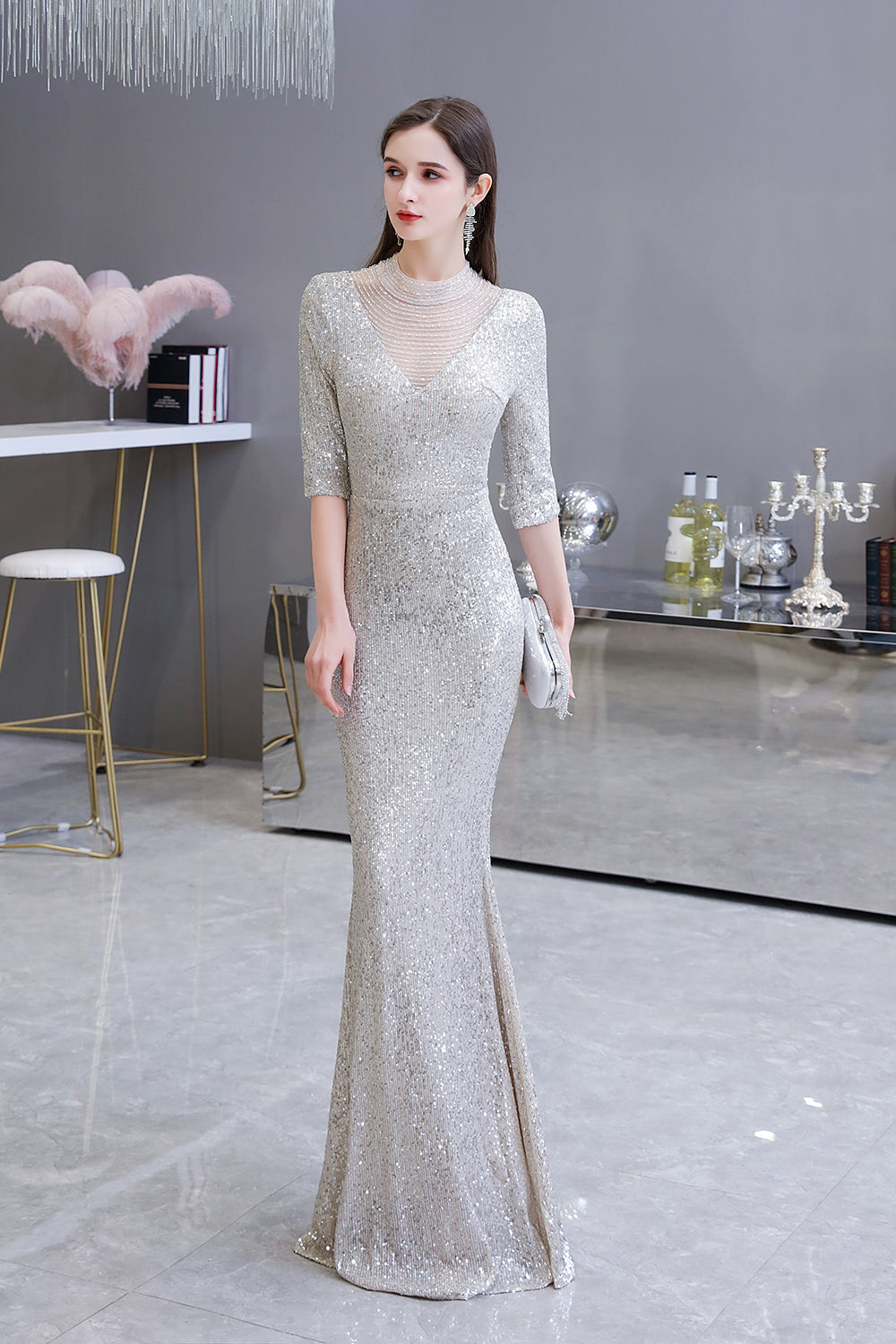 Load image into Gallery viewer, Gorgeous Silver Long sleeves Long Prom Dress-BIZTUNNEL
