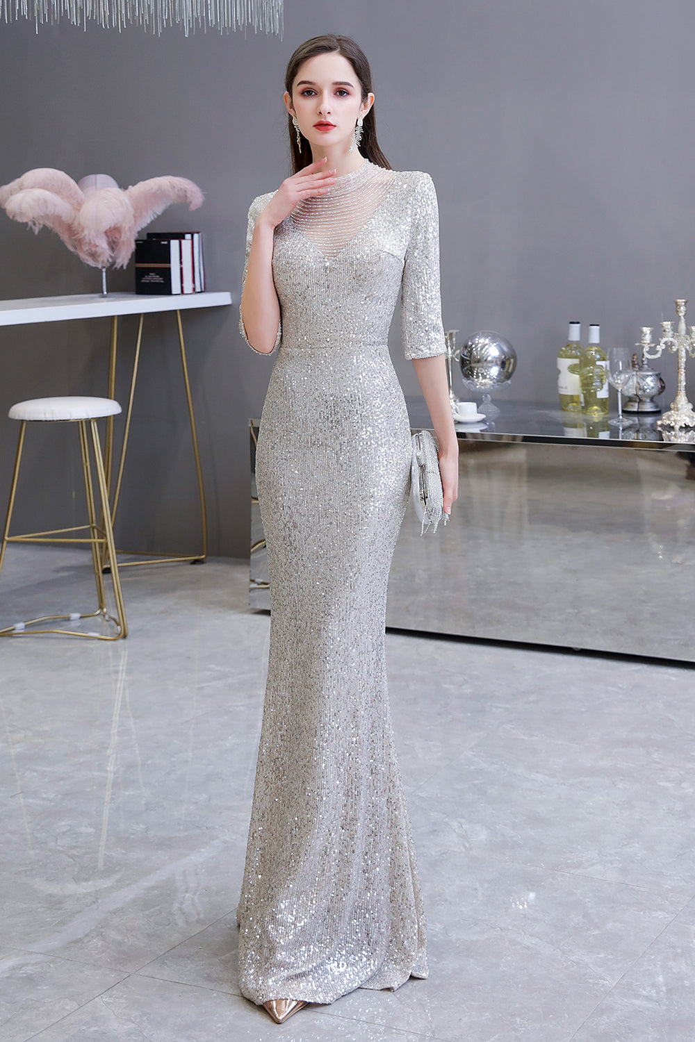 Glitter Strapless Backless Split Long Prom Dress