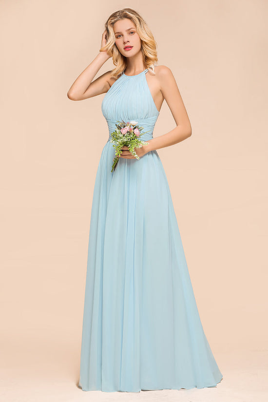 Carregar imagem no visualizador da galeria, Gorgeous Sky Blue Halter Chiffon Long A-line Bridemaid Dress with Ruffle-BIZTUNNEL
