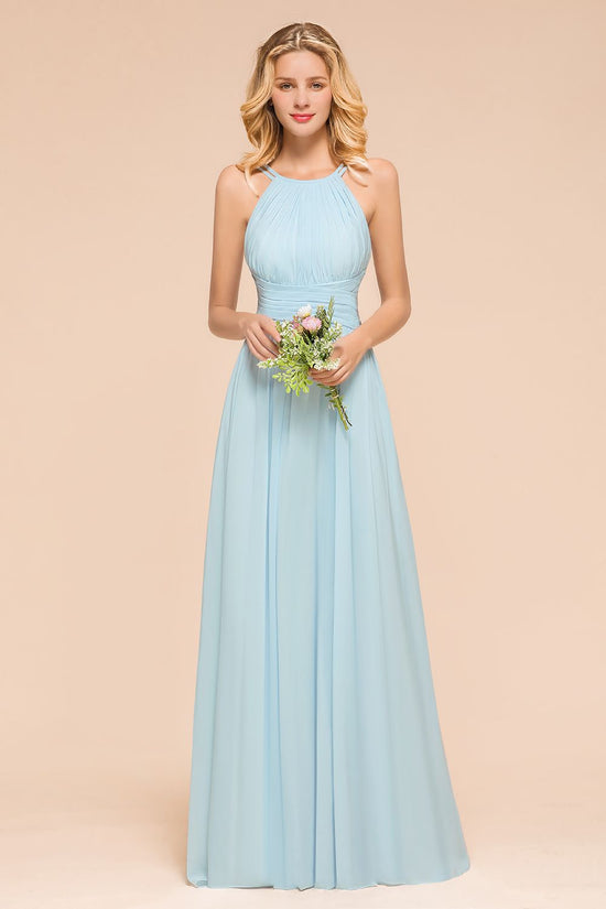 Load image into Gallery viewer, Gorgeous Sky Blue Halter Chiffon Long A-line Bridemaid Dress with Ruffle-BIZTUNNEL
