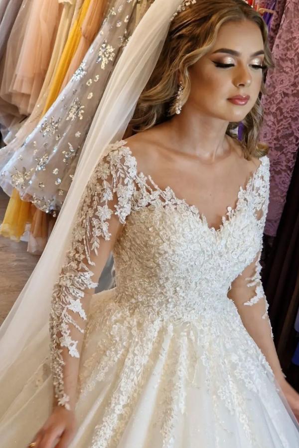 
                  
                    Gorgeous White Long A-line V-neck Lace Wedding Dress with Sleeves-BIZTUNNEL
                  
                