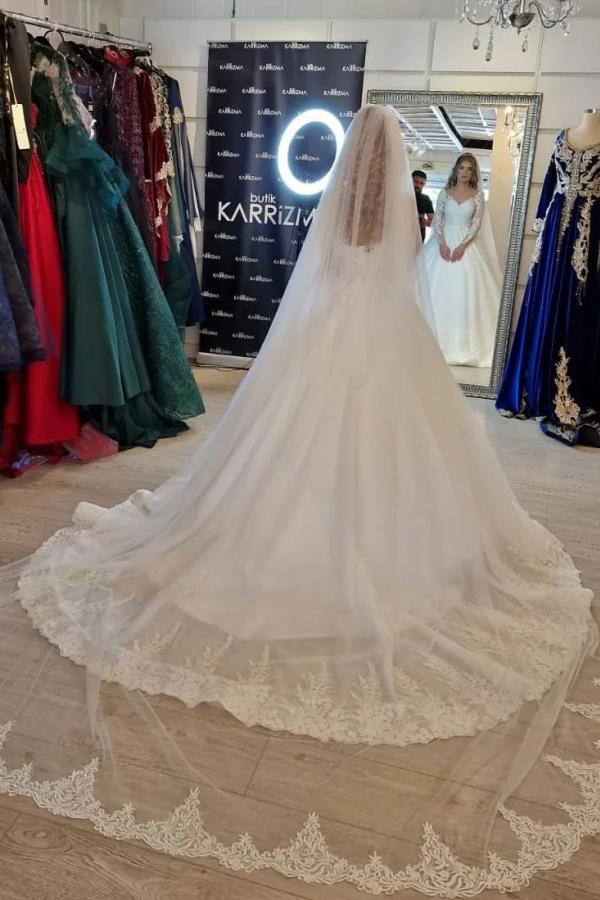 
                  
                    Gorgeous White Long A-line V-neck Lace Wedding Dress with Sleeves-BIZTUNNEL
                  
                