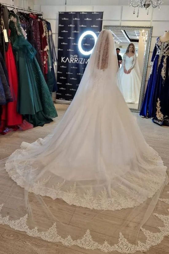 Load image into Gallery viewer, Gorgeous White Long A-line V-neck Lace Wedding Dress with Sleeves-BIZTUNNEL
