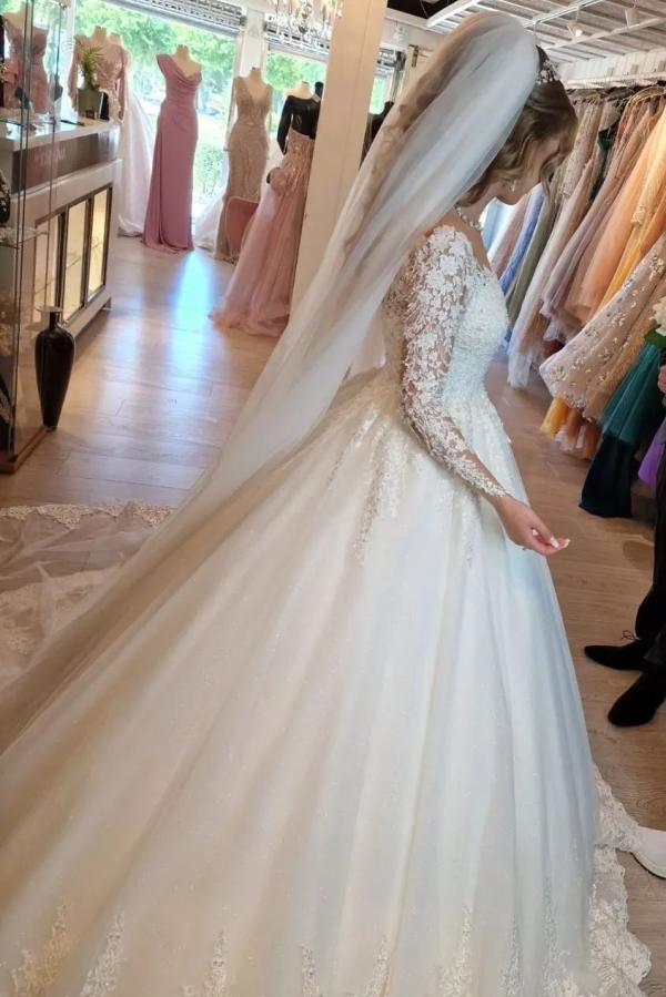 White Long A-line V-neck Chiffon Lace Front Slit Wedding Dresses with Sleeves