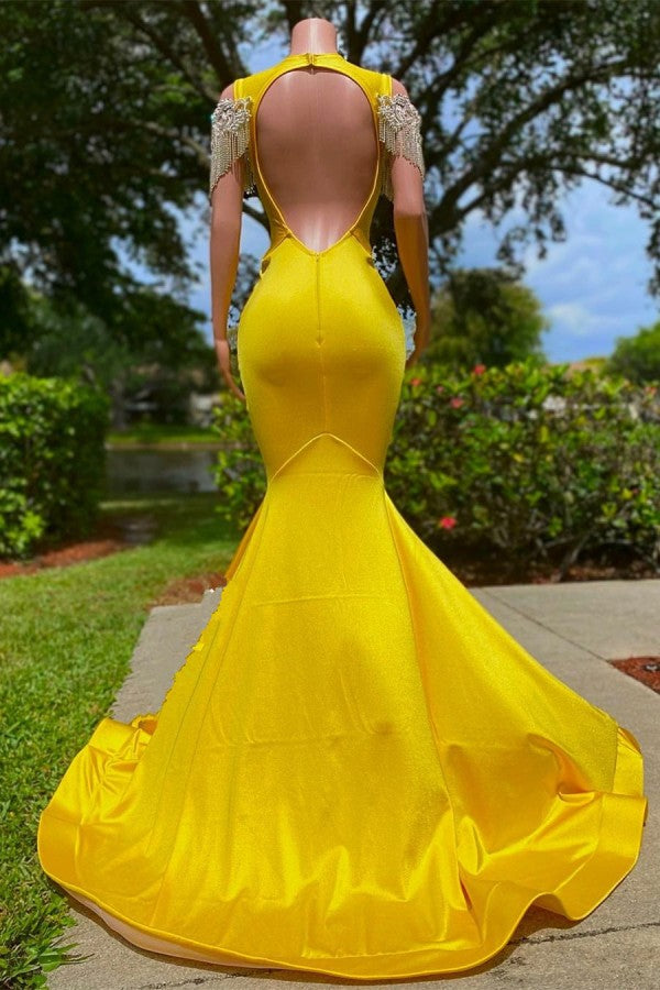 Laden Sie das Bild in den Galerie-Viewer, Gorgeous Yellow Long Mermaid Tassel Off the Shoulder Satin Backless Prom Dress with Ruffles-BIZTUNNEL
