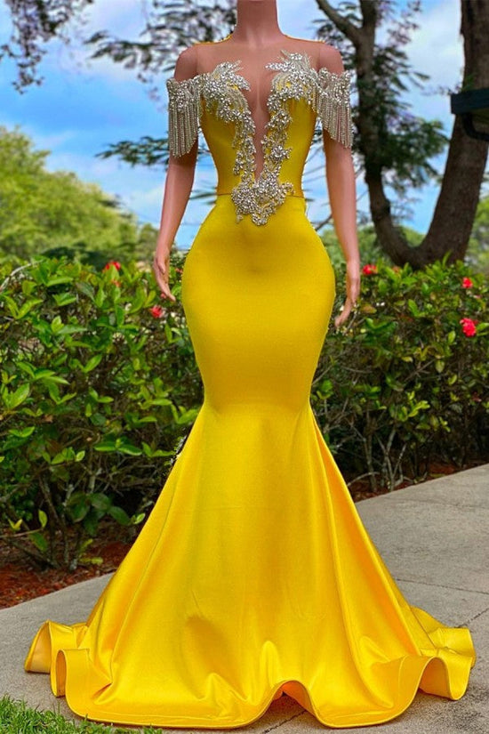 Cargar imagen en el visor de la Galería, Gorgeous Yellow Long Mermaid Tassel Off the Shoulder Satin Backless Prom Dress with Ruffles-BIZTUNNEL
