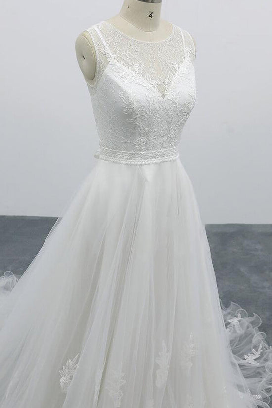 Charger l&amp;#39;image dans la galerie, Graceful Long A-line Appliques Tulle Backless Wedding Dress-BIZTUNNEL
