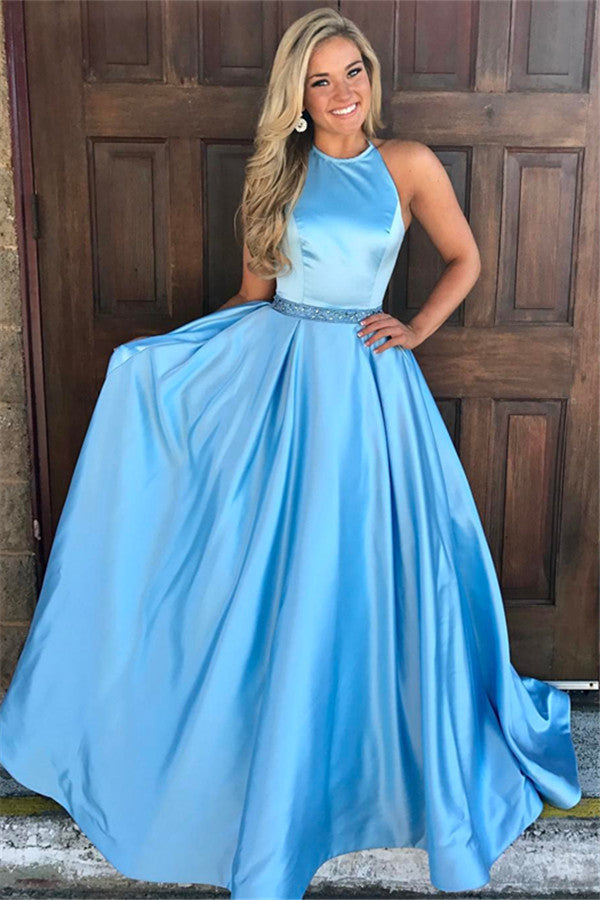 Graceful Long A-line Jewel Satin Blue Prom Dress-BIZTUNNEL