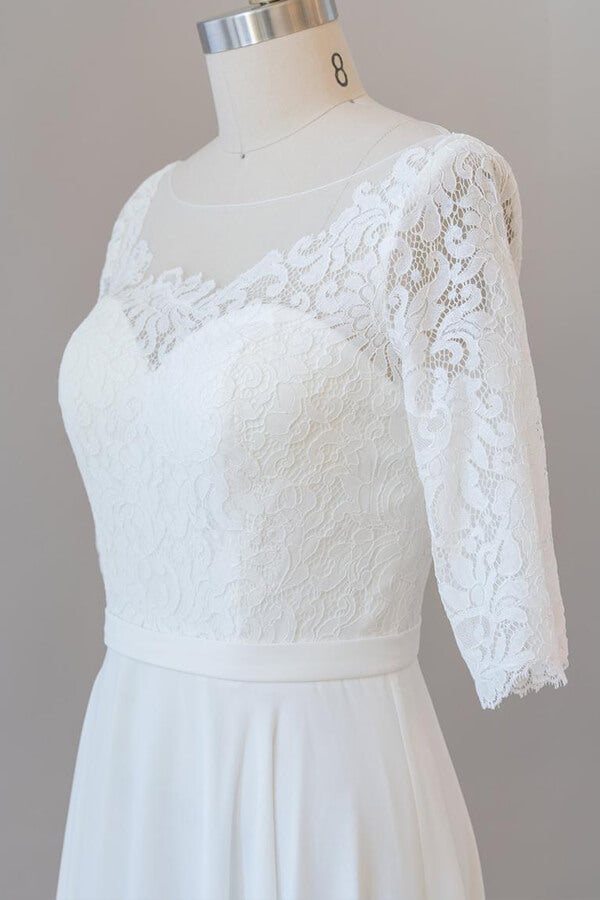 Graceful Long A-Line Lace Chiffon Wedding Dress with Sleeves Graceful Long A-Line Lace Chiffon Wedding Dress with Sleeves