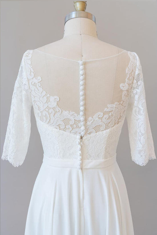 Graceful Long A-line Lace Chiffon Wedding Dress with Sleeves-BIZTUNNEL