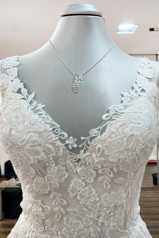 Charger l&amp;#39;image dans la galerie, Graceful Long A-line Tulle V Neck Lace Open Back Wedding Dresses-BIZTUNNEL
