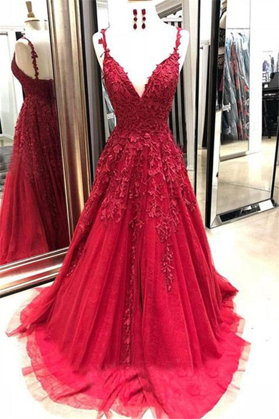 Graceful Long A-line V-neck Open Back Lace Red Prom Dress-BIZTUNNEL