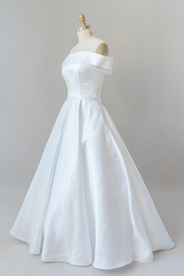 Graceful Long Ball Gown Off Shoulder Satin Wedding Dress-BIZTUNNEL