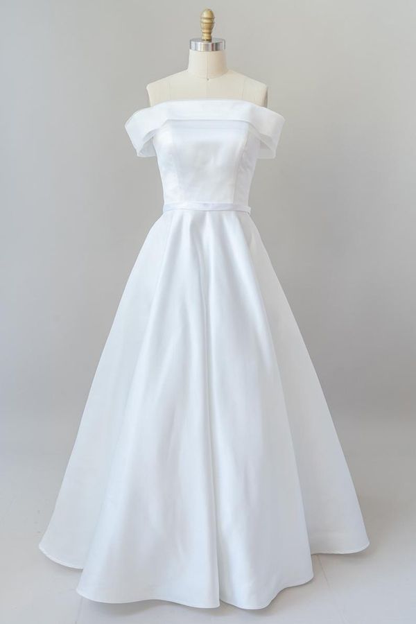 Graceful Long Ball Gown Off Shoulder Satin Wedding Dress-BIZTUNNEL