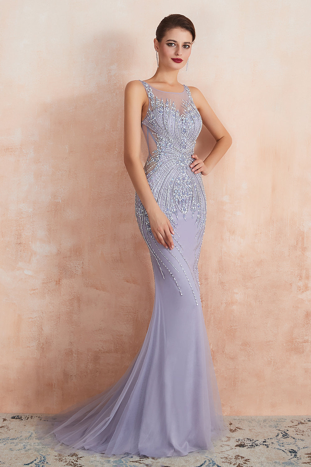 Graceful Long Jewel Tulle Mermaid Evening Dress-BIZTUNNEL