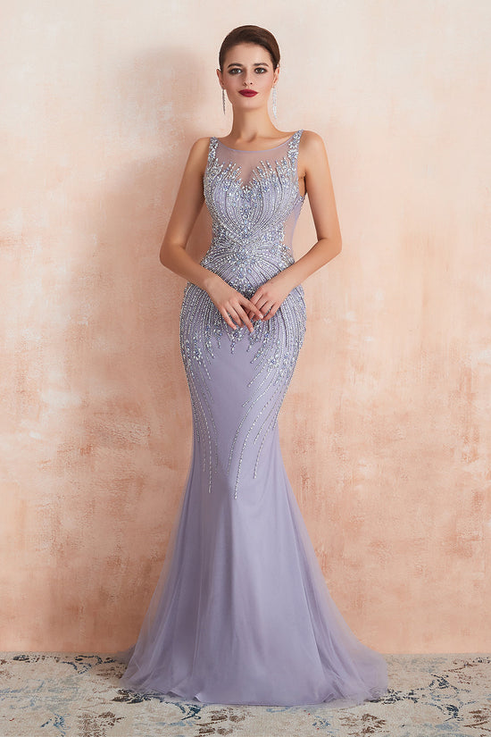 Graceful Long Jewel Tulle Mermaid Evening Dress-BIZTUNNEL