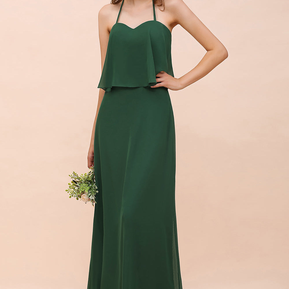 Green Long A-Line Chiffon Spaghetti Straps Bridesmaid Dress Casual Party Dress