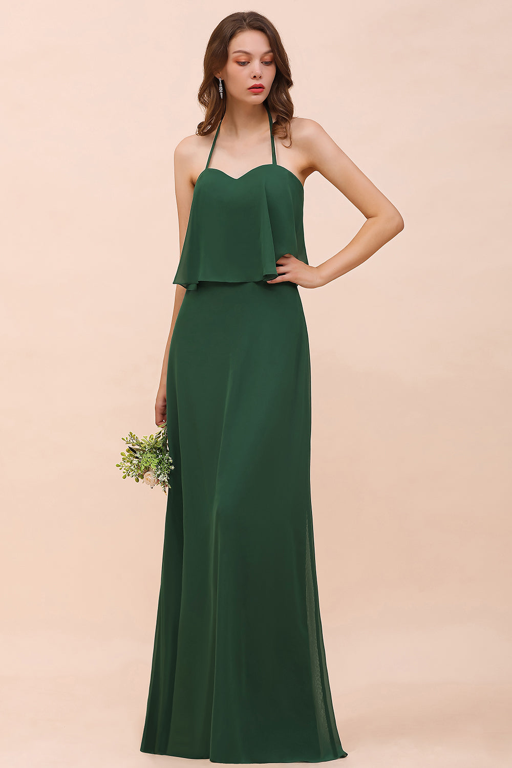 Green Long A-Line Chiffon Spaghetti Straps Bridesmaid Dress Casual Party Dress-BIZTUNNEL