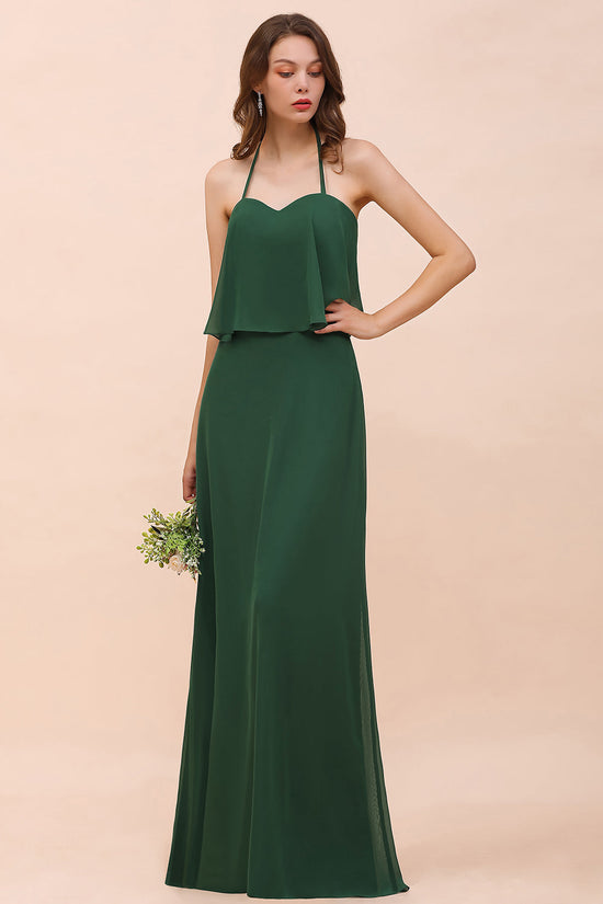 Green Long A-Line Chiffon Spaghetti Straps Bridesmaid Dress Casual Party Dress-BIZTUNNEL