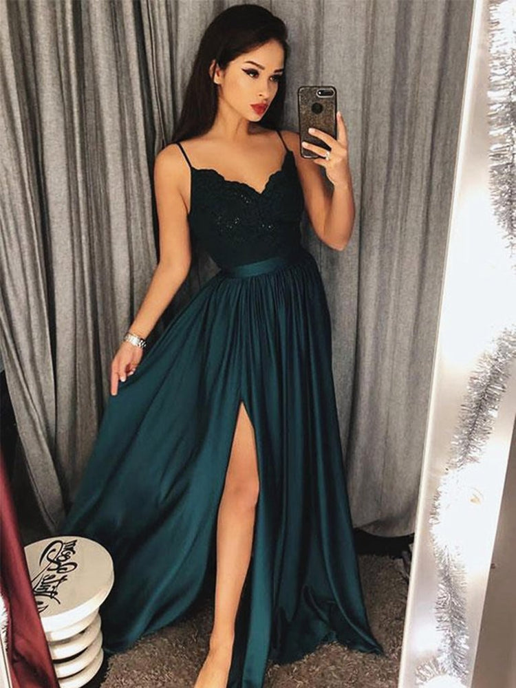 Green Long A-line V-neck Open Back Chiffon Prom Dress with slit-BIZTUNNEL