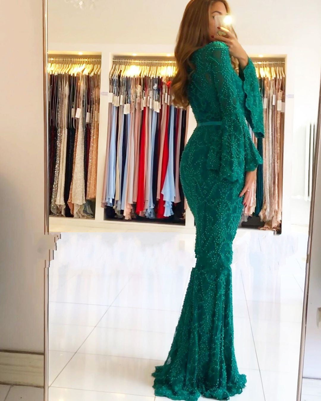Green Mermaid Sweetheart Lace Long Prom Dresses with Sleeves-BIZTUNNEL