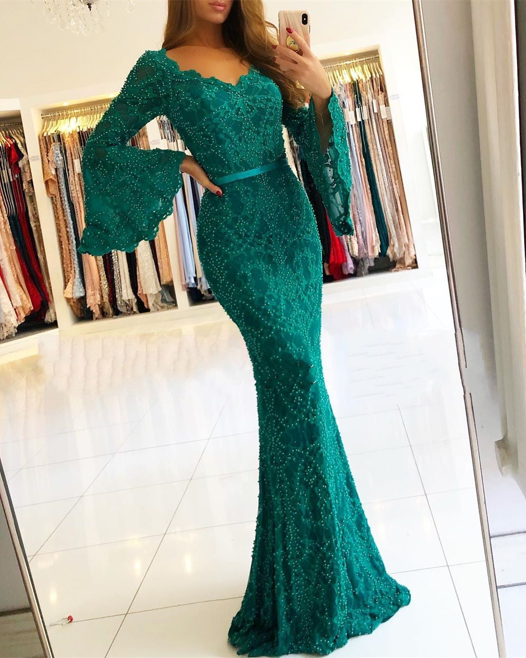 Green Mermaid Sweetheart Lace Long Prom Dresses with Sleeves-BIZTUNNEL