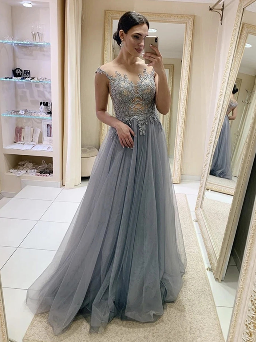 Grey Long A-line Round Neck Tulle Lace Formal Prom Dresses-BIZTUNNEL