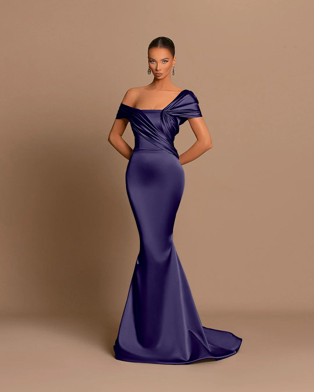 Off shoulder Mermaid Stretch Satin Gown Royal Blue