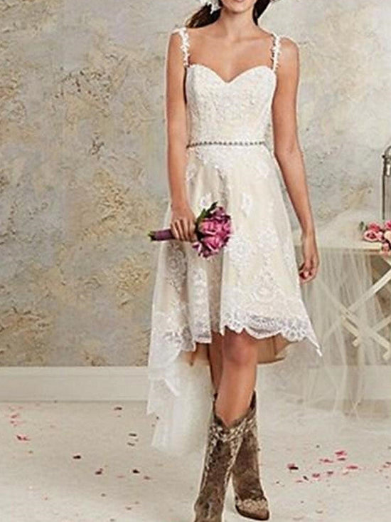 High Low A-Line Asymmetrical Lace Tulle Sleeveless Wedding Dresses-BIZTUNNEL