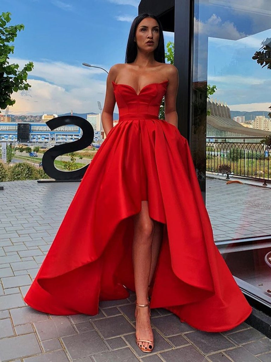 Load image into Gallery viewer, High Low A-line Sweetheart Red Formal Prom Dresses with Pockets-BIZTUNNEL
