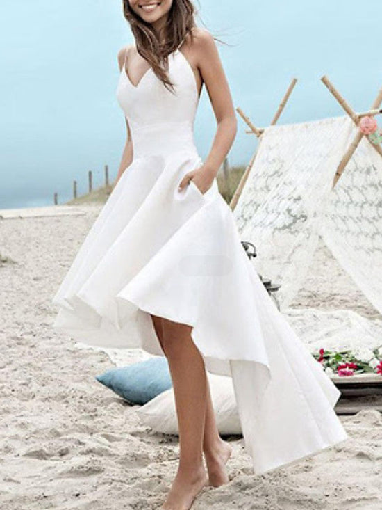 High Low A-Line V Neck Spaghetti Strap Satin Wedding Dresses with Pockets-BIZTUNNEL