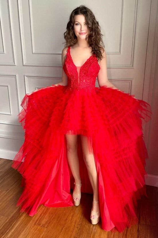 High Low A-line V Neck Tulle Lace Prom Dress Red Formal Evening Gowns-BIZTUNNEL