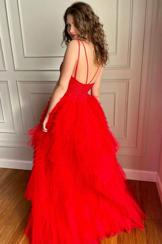 Charger l&amp;#39;image dans la galerie, High Low A-line V Neck Tulle Lace Prom Dress Red Formal Evening Gowns-BIZTUNNEL
