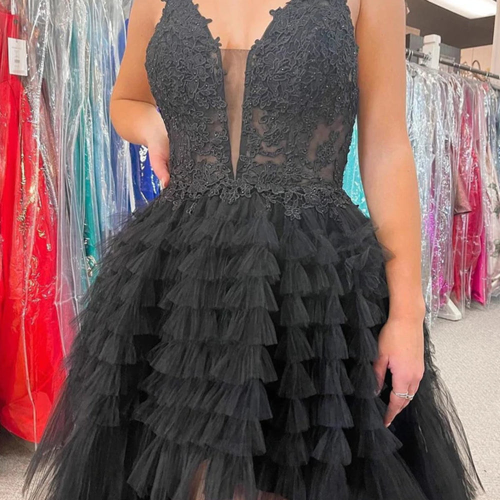 High Low A-line V-neck Tulle Prom Dress Black Formal Evening Dresses High Low A-line V-neck Tulle Prom Dress Black Formal Evening Dresses